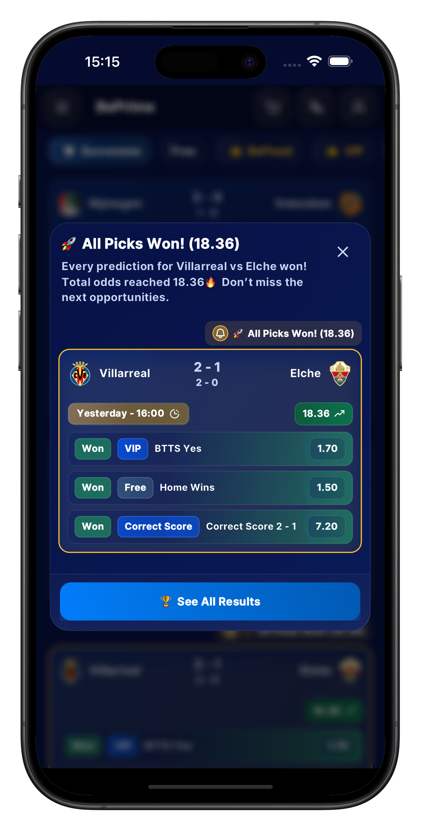 In-app view of the new notification experience for sports predictions